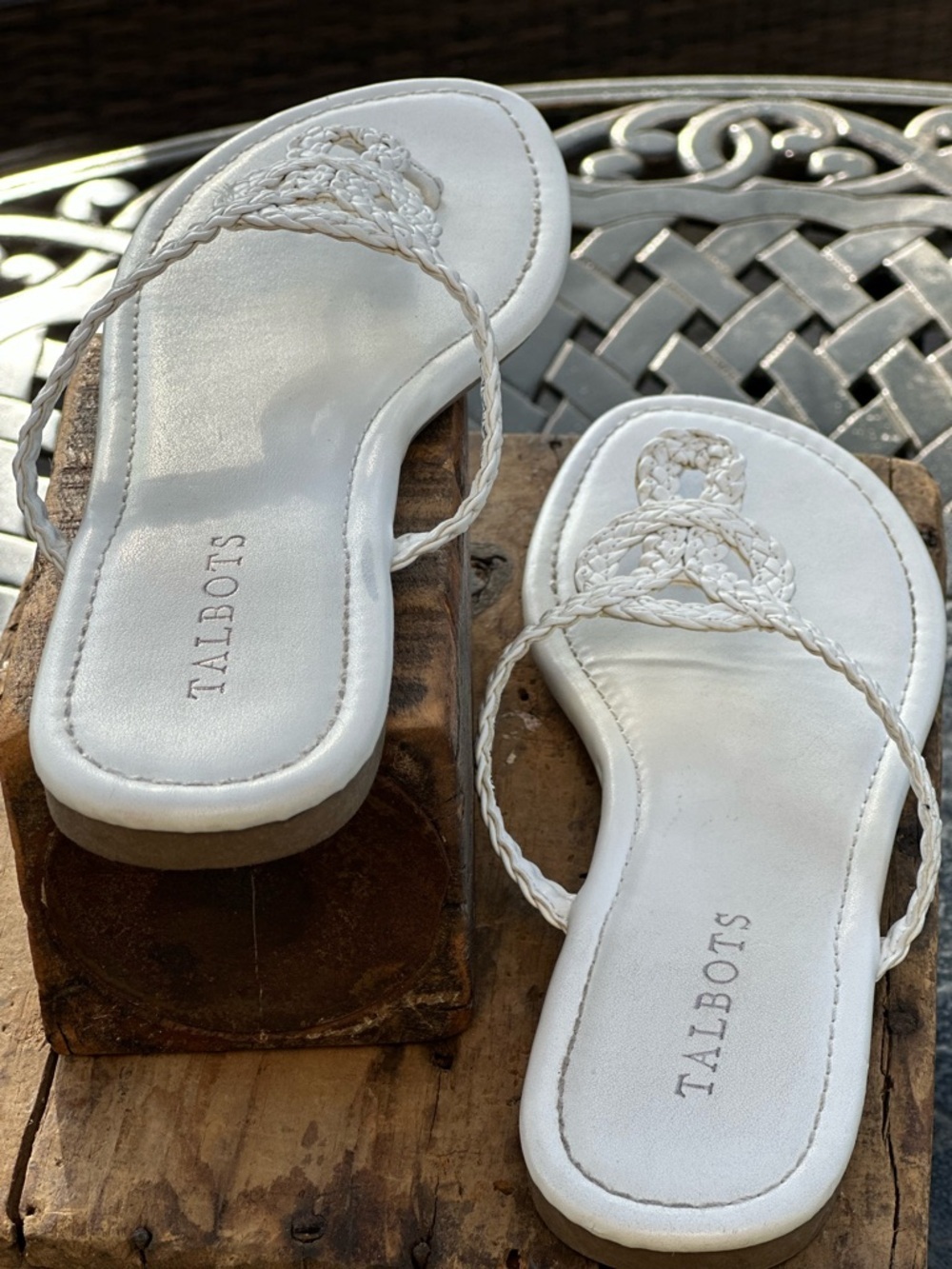 Talbots White Braided Medallion Faux Leather Thong Sandals - Picture 3 of 9